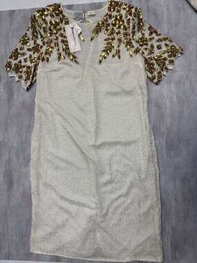 NWT Vintage 80s Stenay Silk Beaded and Gold Sequined Ivory Cocktail Shift Dress